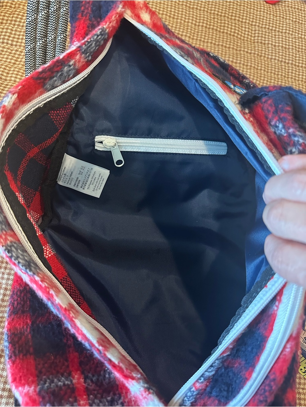 Kavu Red, Navy & White Plaid Fuzzy Rope Sling Bag - Picture 3 of 5